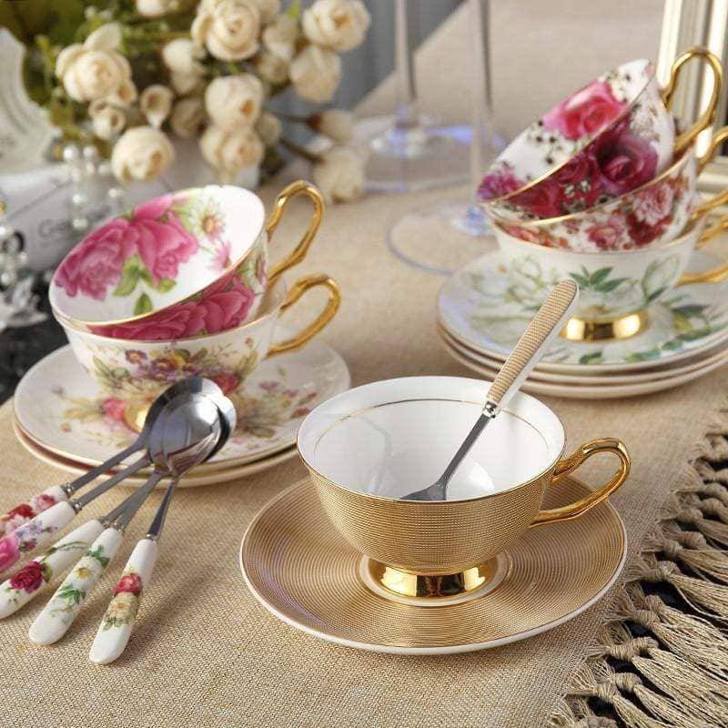 6.7 oz. Cups and Saucers Sets with Spoons Royal Golden Patterned Gold  3-Pieces Set Coffee Cup Teacups Porcelain Mugs