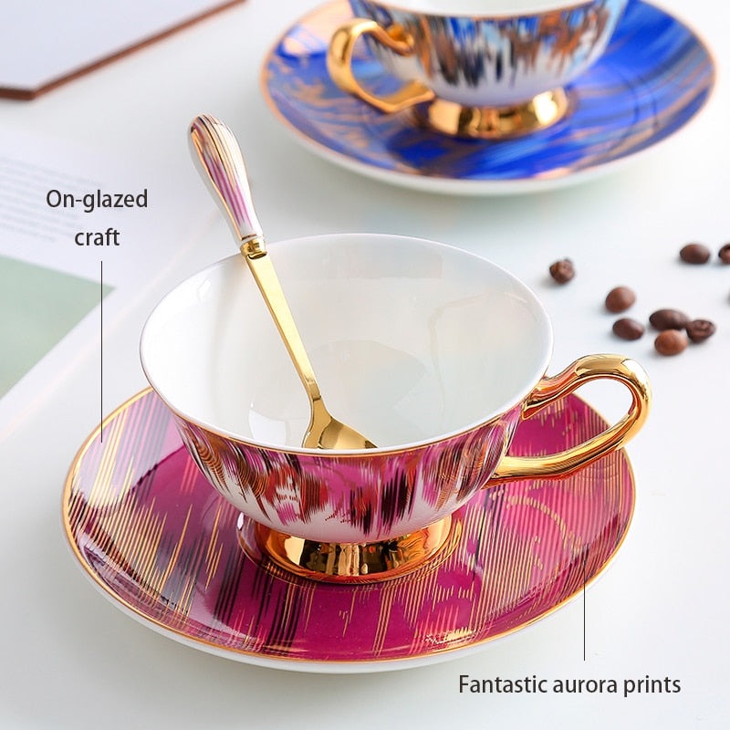 Magic of Aurora - Bone China Ceramic Coffee Cup Saucer Spoon Set